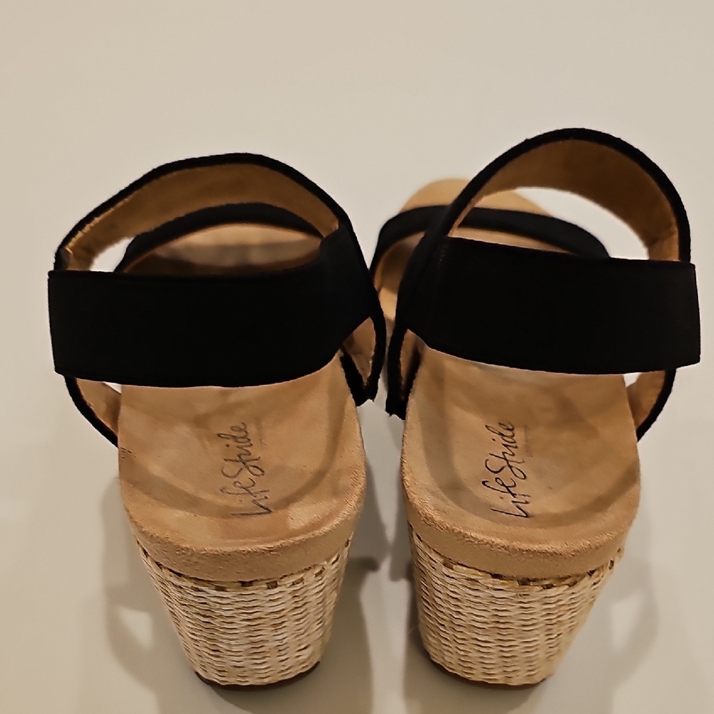 Life Stride Delra Black Elastic Strap Wedge Sandals with Tan Footbed Size 8.5 - Picture 8 of 14